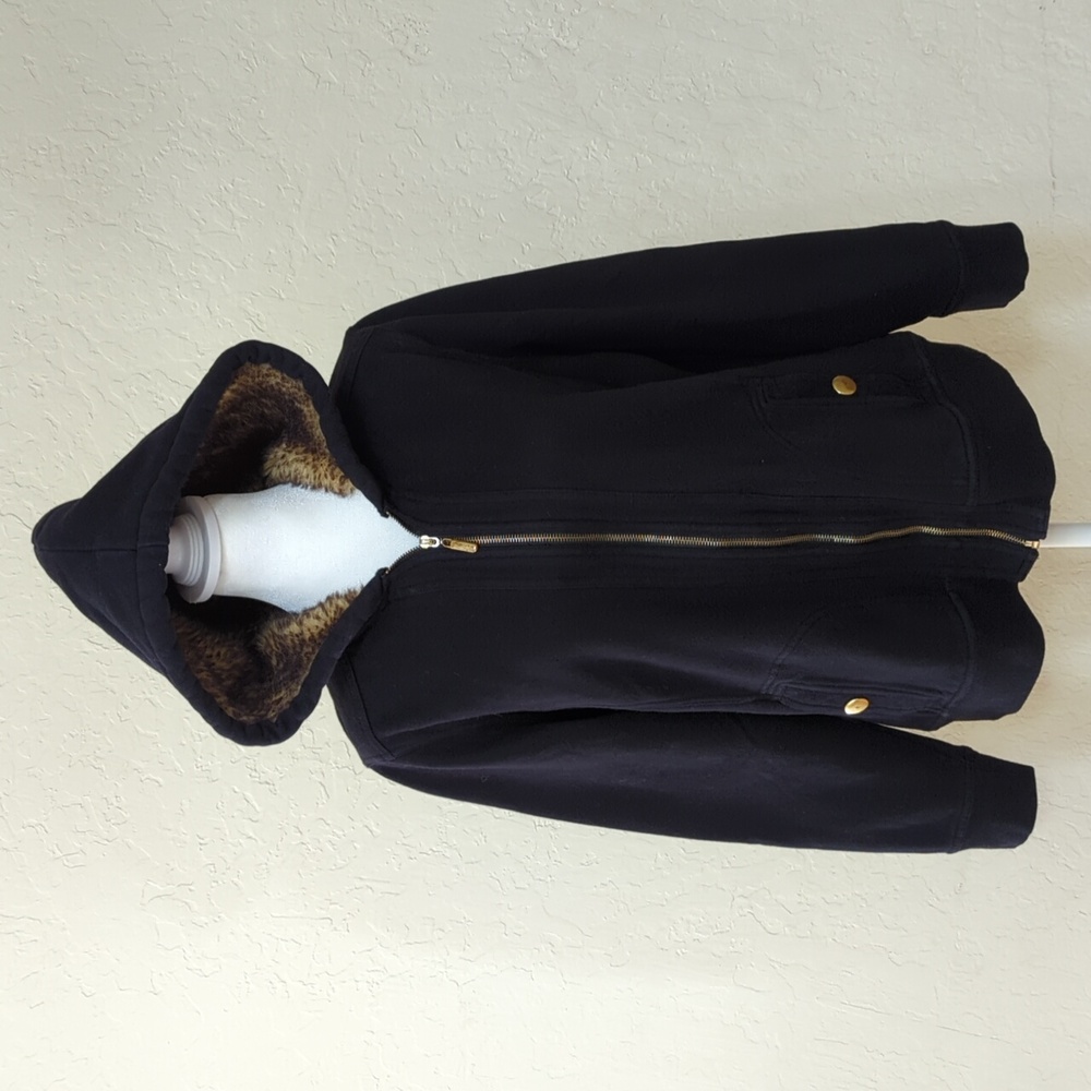 Style & Co Sport Black Cotton Knit Faux Fur Hooded Jacket Size Large